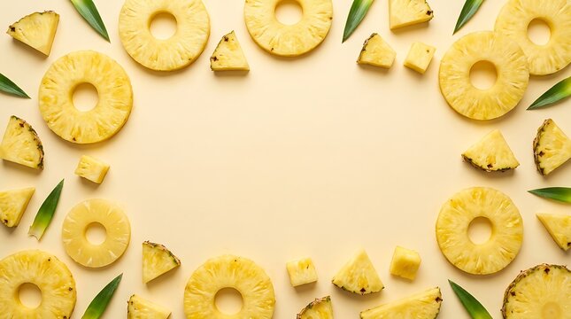 Fresh sliced tropical pineapple pieces and green leaves arranged as a border frame
