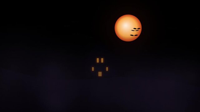 Spooky Halloween Night Landscape with Glowing Harvest Moon and Flying Bats Motion Loop