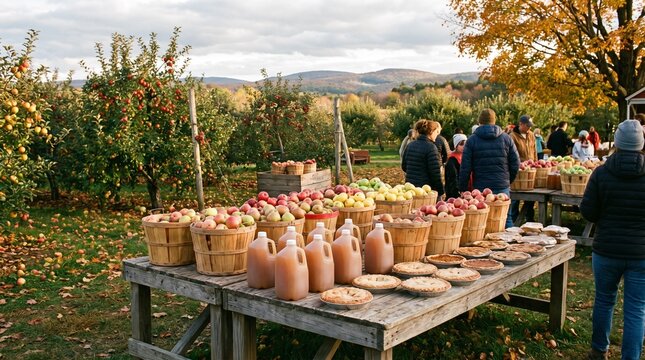 Apple orchard harvest festival with pies and cider