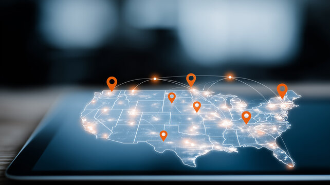 A United States map with connected location pins represents nationwide route planning and logistics network management.
