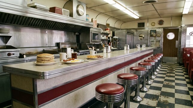 Retro Diner Interior with Breakfast Food and Stools