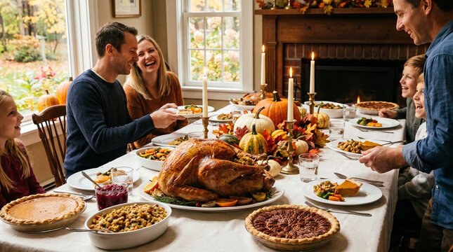 Family enjoying Thanksgiving dinner with turkey and pies