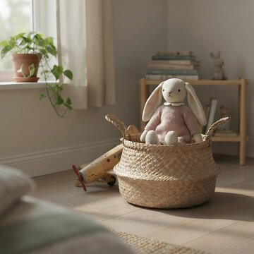 Charming stuffed bunny toy sitting inside a woven wicker basket in a cozy children playroom