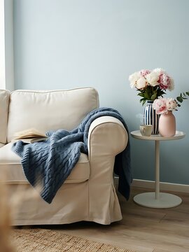Cozy living room corner featuring a comfortable white sofa with a blue knitted throw blanket