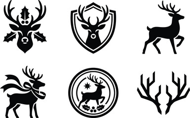 Obraz premium Collection of vintage black deer silhouettes and antler emblems perfect for design elements isolated on transparent background
