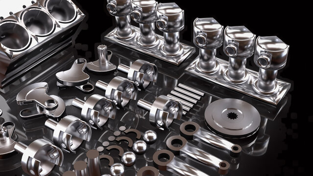Precision Automotive Engine Components in Chrome 3d render.