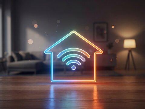 Glowing neon smart home wifi symbol on a wooden table inside a modern living room