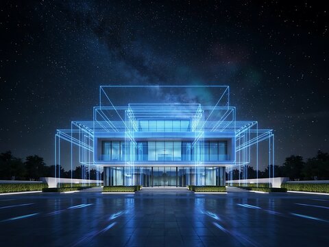 Futuristic modern house blueprint glowing with blue neon lights under a starry night sky