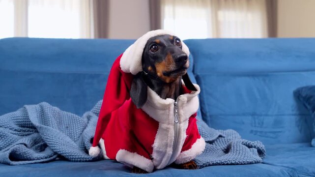 A black and tan dachshund dog wears a red and white santa costume with hood while sitting on a blue sofa, turning its head and looking around a cozy living room during the holiday season.