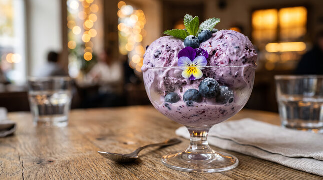 Creamy blueberry ice cream scoops served in glass goblet. Fresh mint leaves, edible