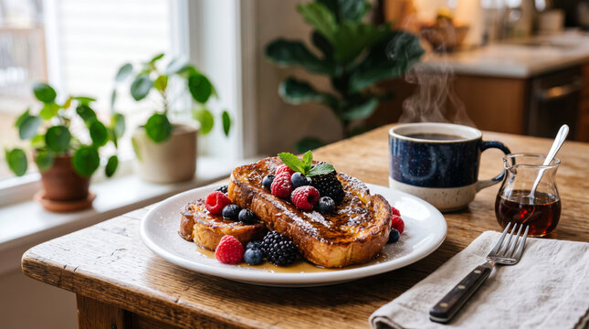 French toast breakfast with berries and maple syrup. A cup of steaming coffee nearby