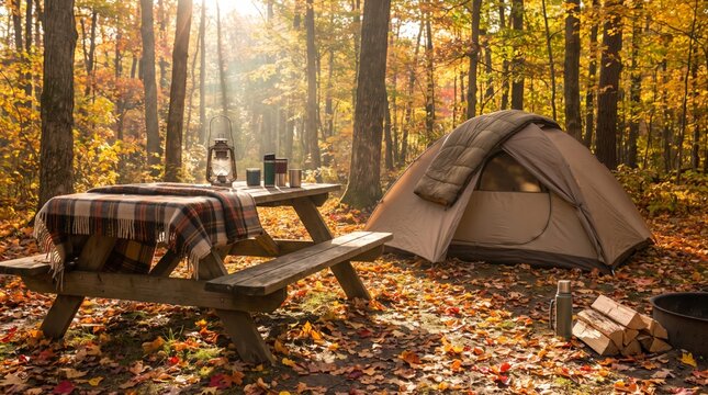 Camping tent and picnic table in autumn forest with golden sunlight and fall foliage.