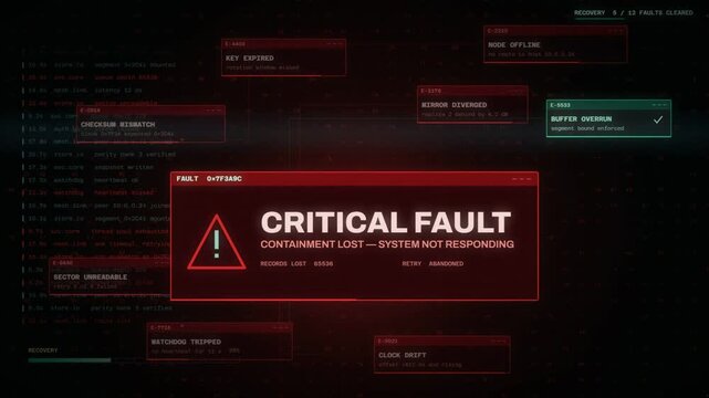 Critical fault alert dashboard animation with system errors clearing to a restored green status
