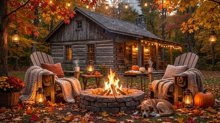 Fototapeta premium Cozy autumn cabin with fire pit and dog in a rustic forest setting at twilight