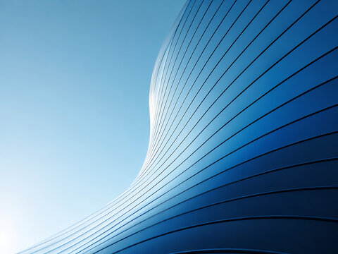 Abstract architectural detail of a modern blue building facade with sweeping curves