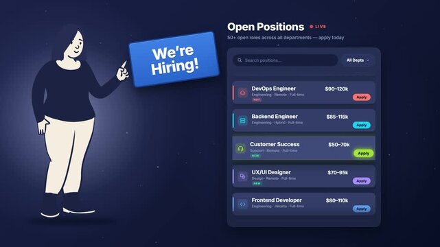 We are hiring sign with an illustrated character and a scrolling open positions job board