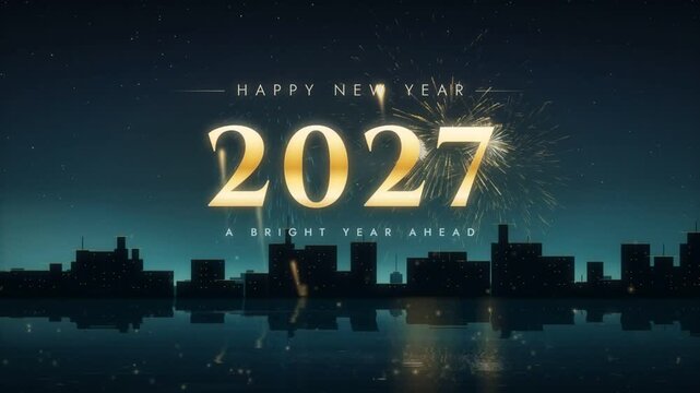 Happy New Year 2027 gold text with fireworks above a city skyline reflected in calm water