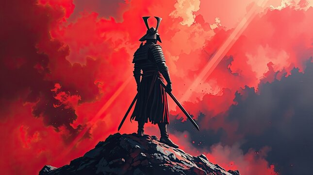 A lone warrior in traditional armor overlooks a vast landscape from a rocky summit as the sky explodes in vivid red hues a powerful and striking moment