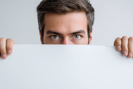Young man peeking over a blank white board. Male holding an empty sign for advertising or message. Copy space for text