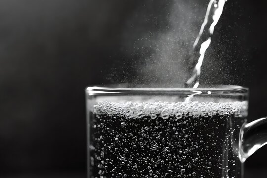 Pouring hot water into a clear glass mug on a dark background. Close-up of boiling liquid with bubbles and steam. Purity and refreshment concept with copy space