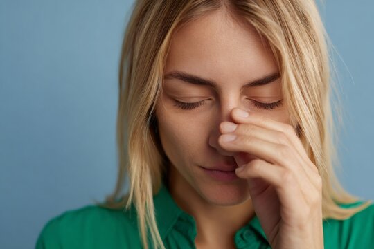 Tired young woman with eye strain touching the bridge of her nose. Stressed female feeling pain from a headache or sinus pressure. Health problem concept
