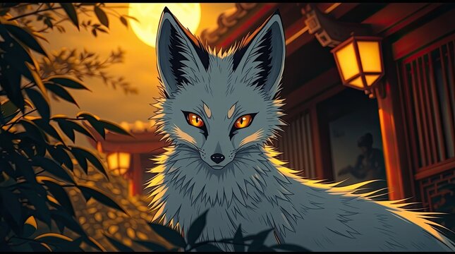 A striking fox with luminous eyes stands surrounded by foliage in a serene setting illuminated by a full moon and traditional lanterns