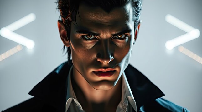 A young man poses with a serious expression highlighted by striking lighting in a contemporary environment showcasing bold fashion and a confident stance