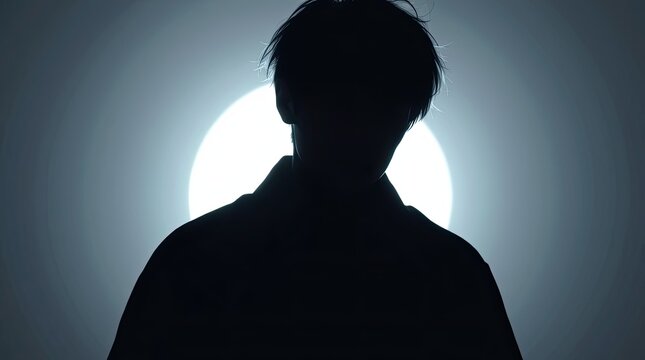 A figure stands in silhouette in front of a large bright light creating a striking contrast with the dark surroundings at night