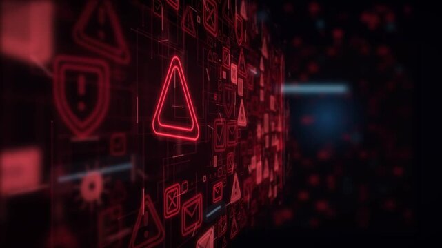 Glowing red alert triangle on a wall of cyber threat icons receding into the dark