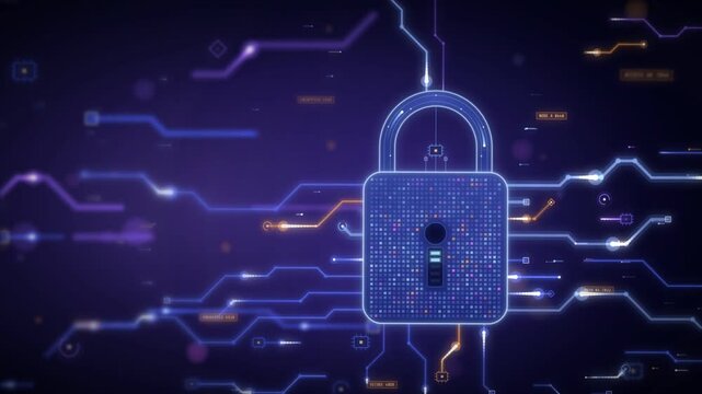 Padlock on a purple circuit board loop with glowing data lines flowing to a secure node