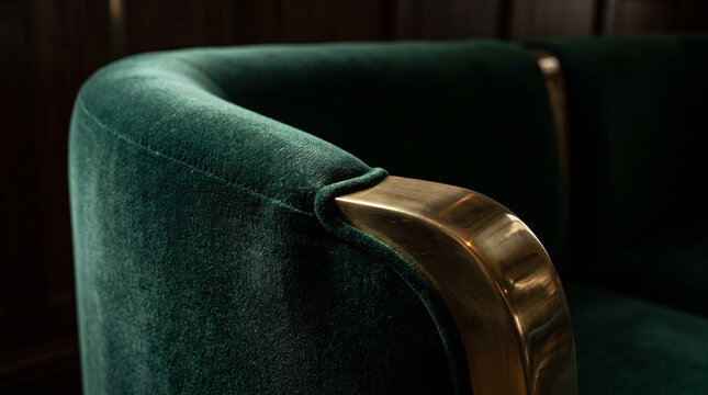 dark green velvet sofa armrest with brushed brass metal trim