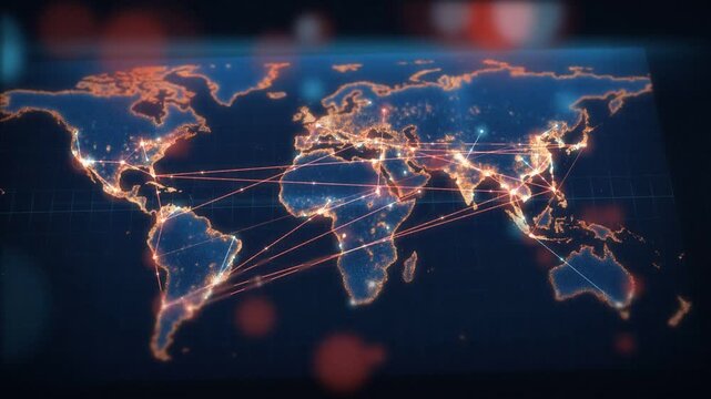World map network loop with glowing connection lines linking cities across the continents