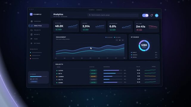 Analytics dashboard interface switching between light and dark mode with charts and KPI cards