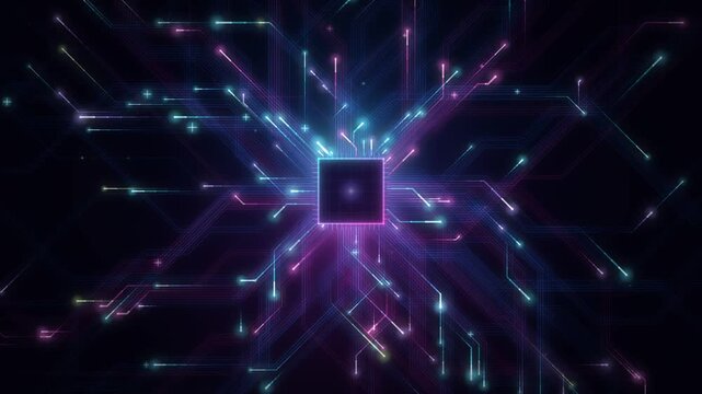 Glowing microchip with neon circuit traces radiating outward in a dark technology loop