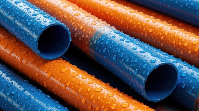 Close up of blue, orange plastic pipes with fresh water droplets. Industrial PVC tubes for plumbing irrigation systems lie in pile. Wet cylindrical construction materials used in water supply sewage