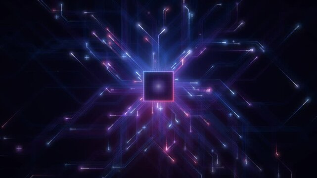 Circuit traces grow outward from a powering microchip in a neon technology animation