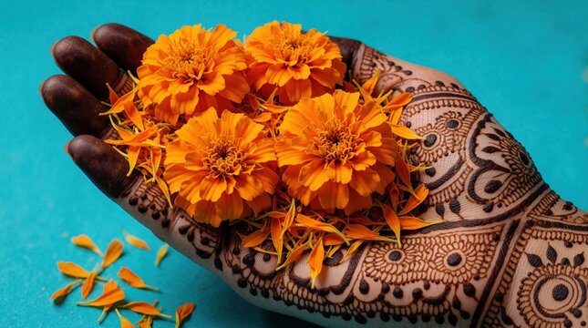 Woman hand with intricate henna tattoo holds bright orange marigold flowers and petals. Cultural celebration offering bright bloom petals with floral patterns on skin.