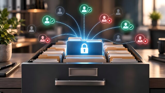 Secure data storage and digital access control concept with glowing padlock folder and authorized user icons in a modern office filing cabinet archive.