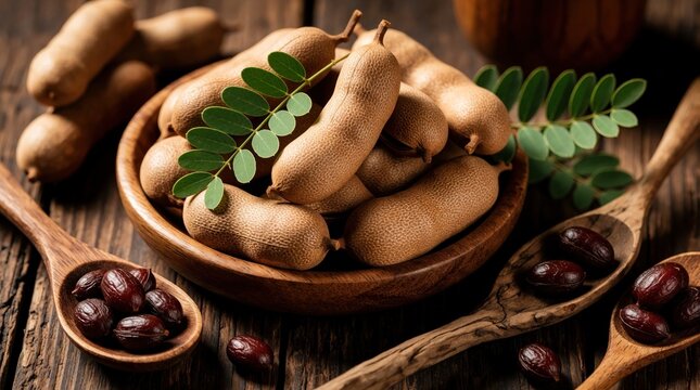 Fresh tamarind pods, dark seeds in wooden bowl with spoons. Organic tropical fruit on rustic wood table. Raw ingredients for cooking asian cuisine. Healthy food closeup with green leaves in natural