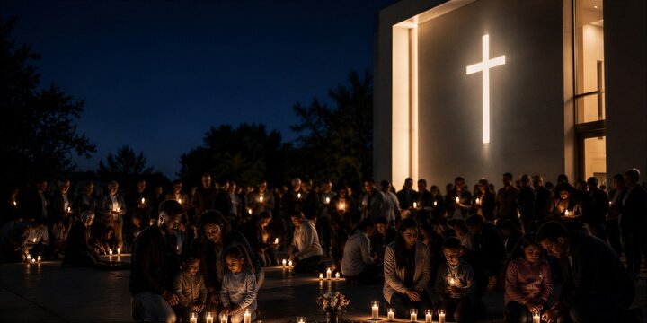 Crowd of people praying with candles at night near modern church with glowing cross. Families kneeling in candlelight vigil.