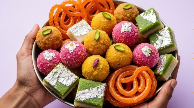 Close up of person hands holding metal bowl filled with assorted Indian sweets. Colorful laddu, jalebi, barfi with silver leaf decoration. Traditional festive dessert platter for Diwali celebration
