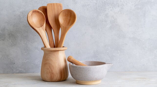 Natural wooden kitchen utensils and ceramic mortar arranged against a light textured wall with generous copy space