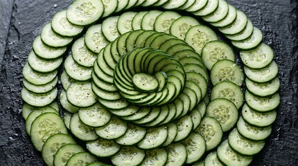 Fototapeta premium Thin cucumber slices in spiral arrangement on dark slate with salt and black pepper