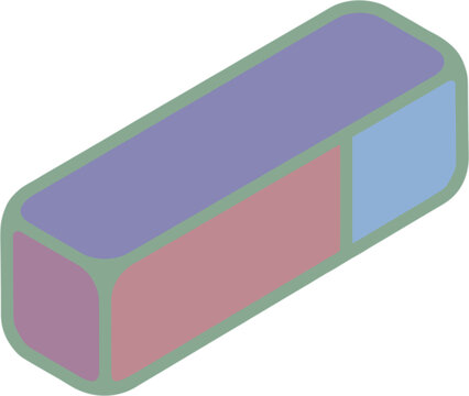 Isometric rubber eraser in purple, red, and blue sections, with