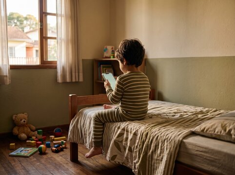 A child sitting alone on the bed holding a smartphone, with traditional toys scattered and abandoned on the floor.
