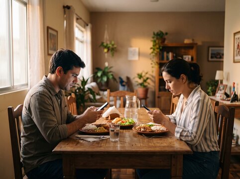 Two people sitting at a table, looking at their smartphones; concept of emotional disconnection.