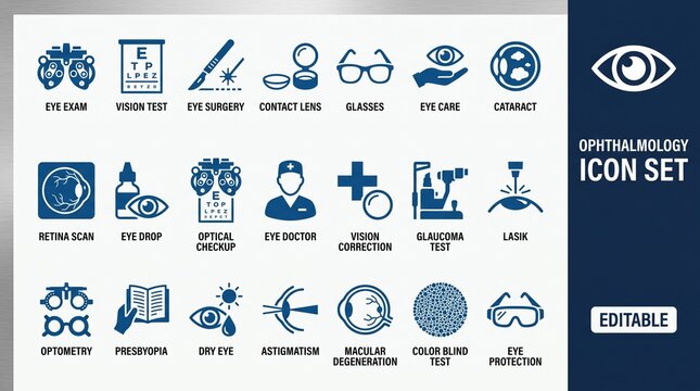 Ophthalmology Flat Vector Icon Set &ndash; Eye Care, Vision and Medical Examination