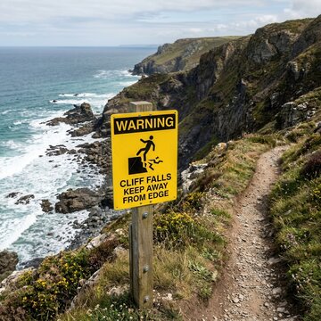 Coastal Cliff Warning Sign On Scenic Trail Overlooking Ocean Waves