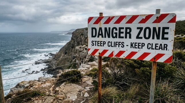 Danger Zone Steep Cliffs Keep Clear Warning Sign Coastal Ocean View