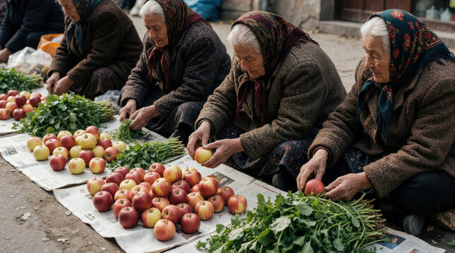 Elderly women sell fresh apples and greens on newspaper sheets at a local street market. Natural light illuminates the candid moment, showing realistic textures of produce and clothing.
